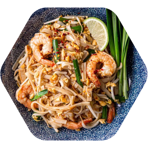 Pad Thai noodles with prawns, bean sprouts, peanuts and fresh lime
