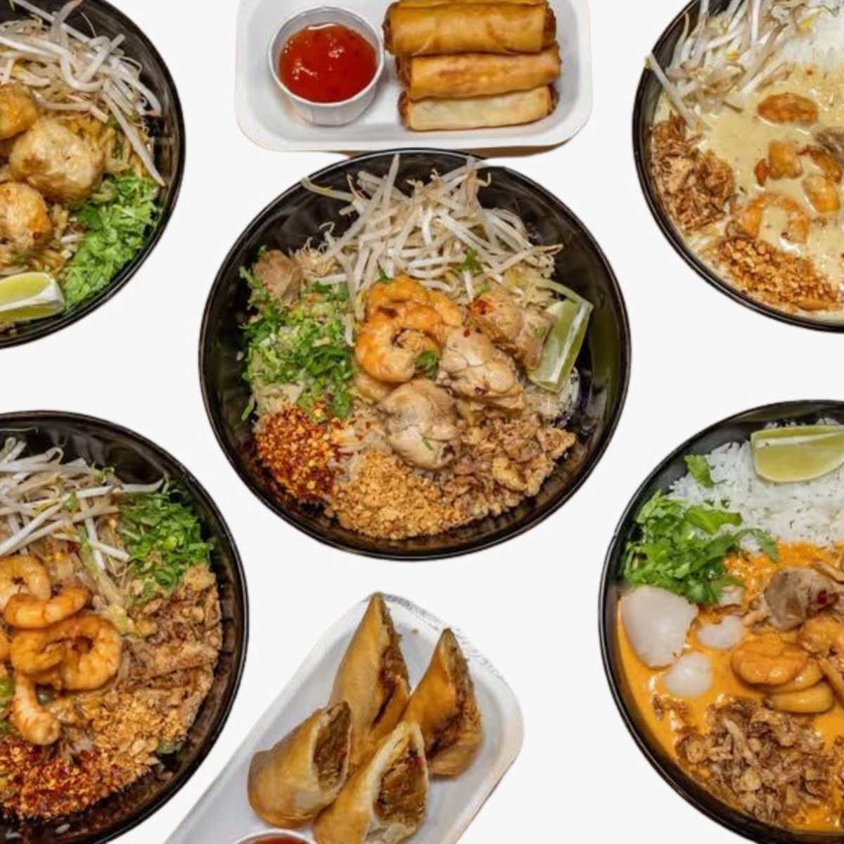 A spread of Pad Thai House noodles, rice and sides