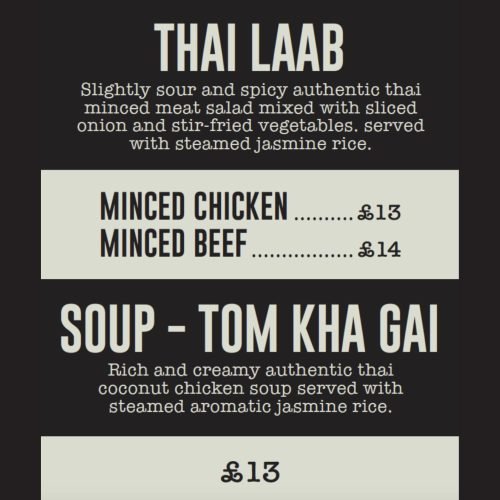 Thai laab and Tom Kha Gai menu and prices