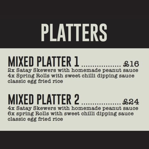Sharing platter menu and prices